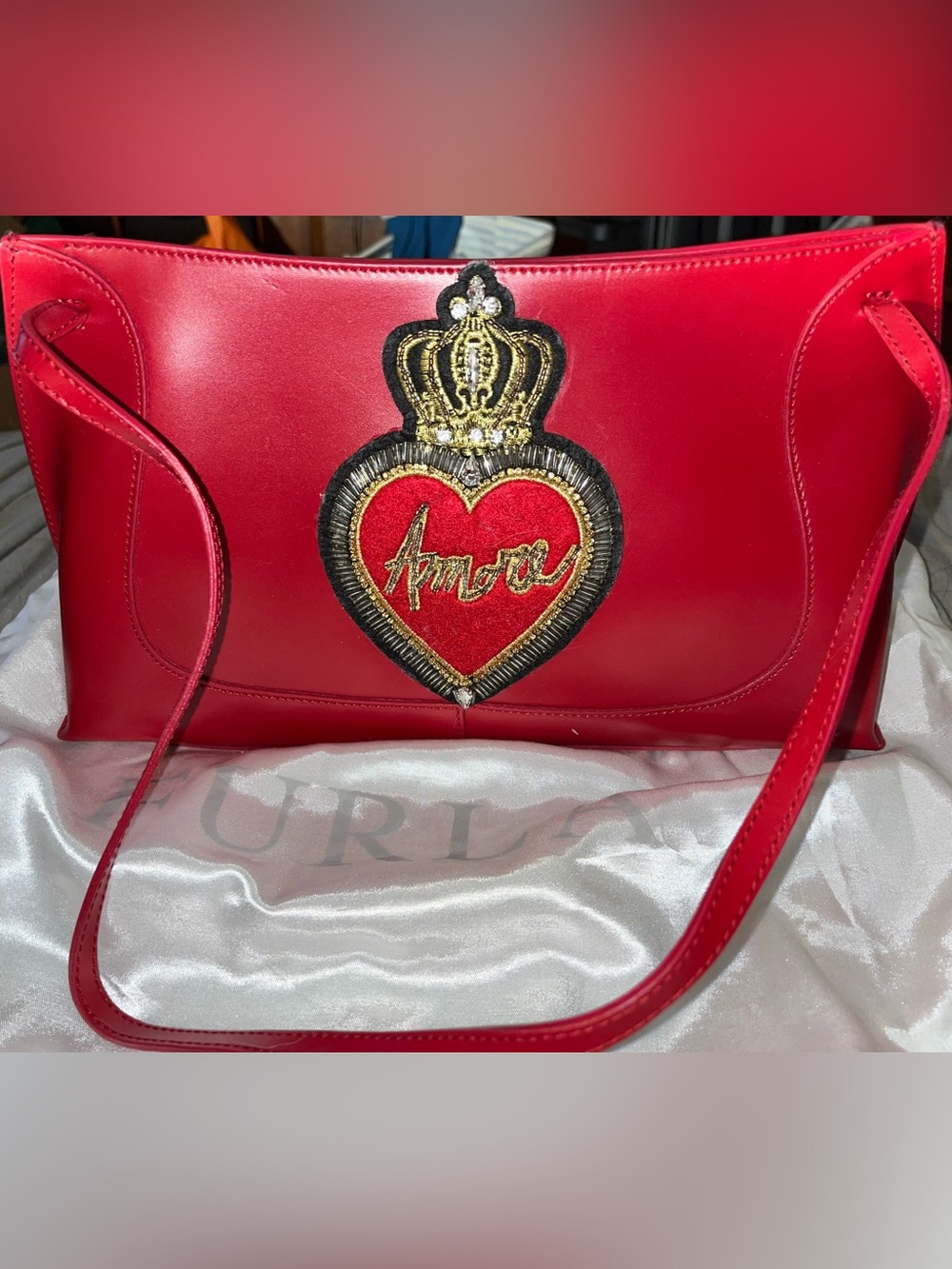 Furla Red Shoulder Bag with Embroidered Gold Crest